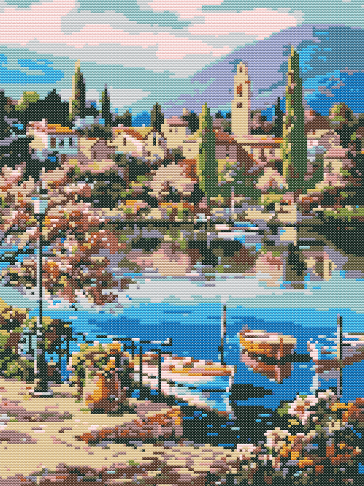 Village Riverside Boat - Diamond Painting Kit