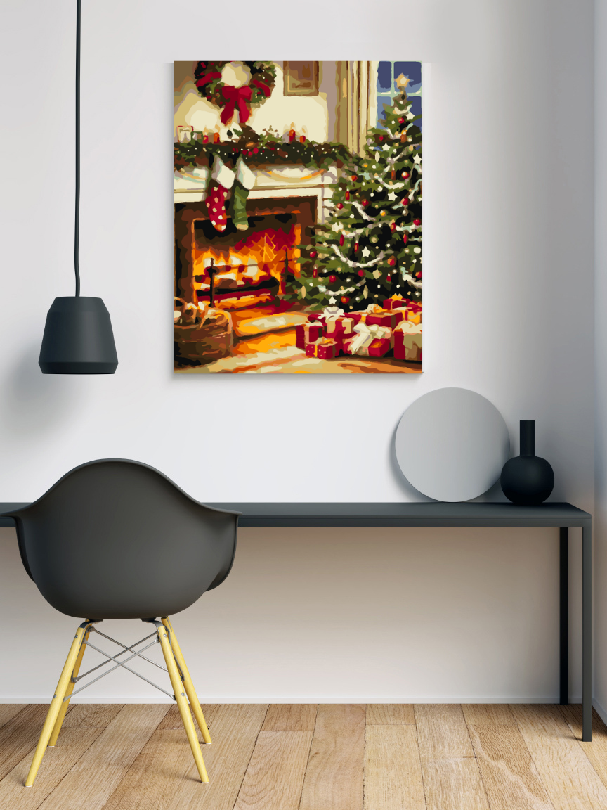 a painting of a christmas tree in a living room