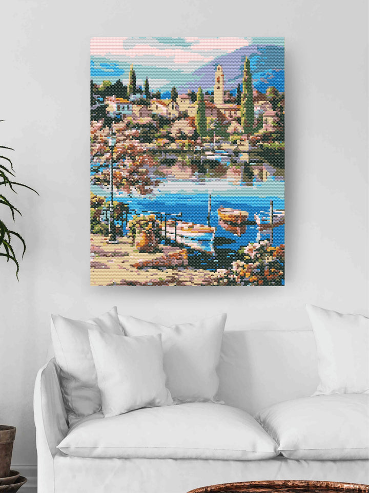 Village Riverside Boat - Diamond Painting Kit