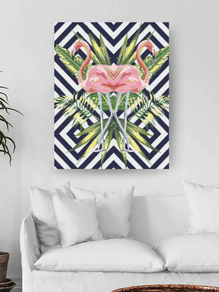 Pink Flamingo Tropical Leaves - Diamond Painting Kit